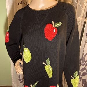Quacker factory knit sweater embroidered apples black long sleeve red & green